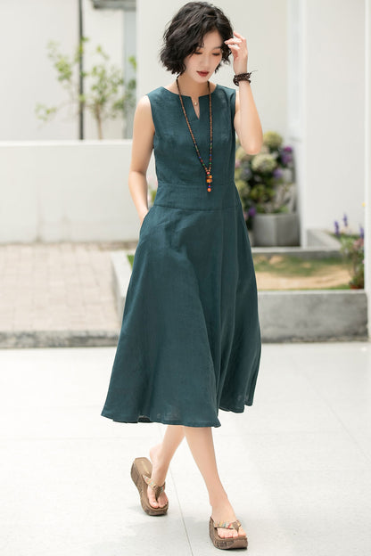 Teal Linen Midi Dress - A-Line Silhouette with V-Notch Neckline 6054