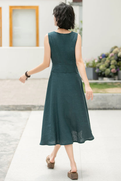 Teal Linen Midi Dress - A-Line Silhouette with V-Notch Neckline 6054