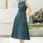 Feminine Teal Linen Midi Dress – A-Line Pockets & V-Notch Neckline – 6054 - S #CK2500492