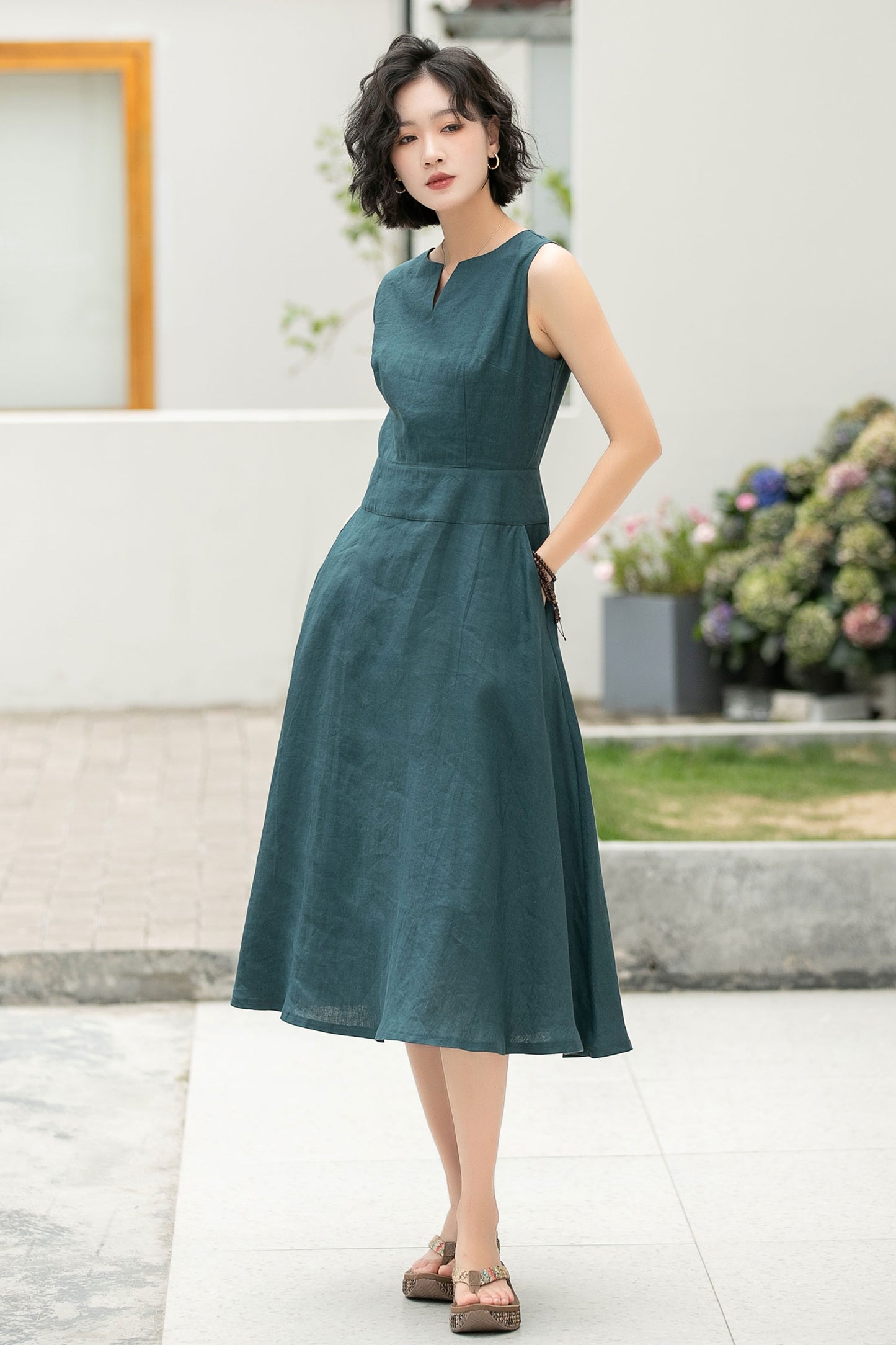 Feminine Teal Linen Midi Dress – A-Line Pockets & V-Notch Neckline – 6054 - S #CK2500492