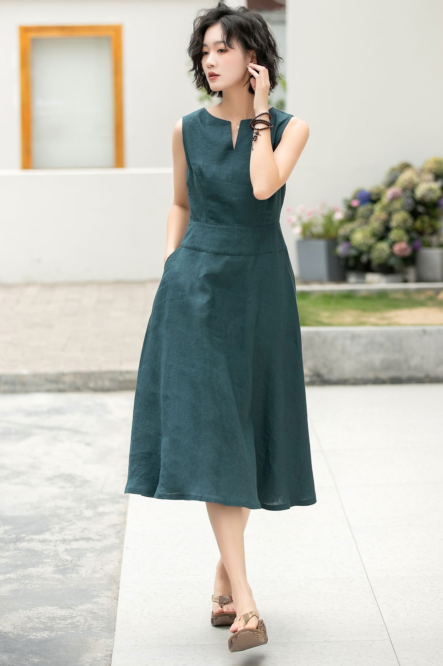 Feminine Teal Linen Midi Dress – A-Line Pockets & V-Notch Neckline – 6054 - S #CK2500492