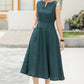 Feminine Teal Linen Midi Dress – A-Line Pockets & V-Notch Neckline – 6054 - S #CK2500492