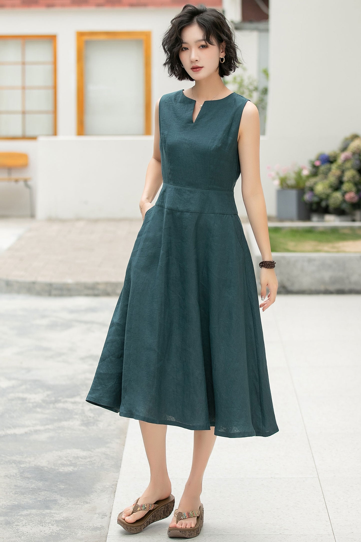 Feminine Teal Linen Midi Dress – A-Line Pockets & V-Notch Neckline – 6054 - S #CK2500492
