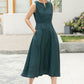 Feminine Teal Linen Midi Dress – A-Line Pockets & V-Notch Neckline – 6054 - S #CK2500492