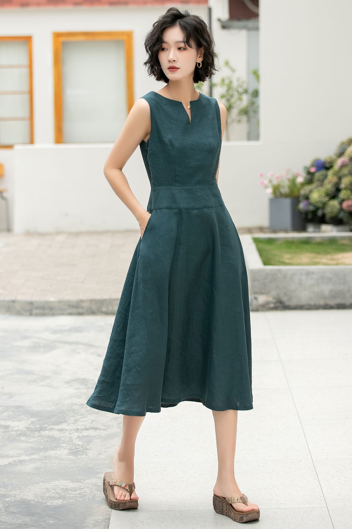 Feminine Teal Linen Midi Dress A-Line Pockets & V-Notch Neckline 6 Xiaolizi Feminine Teal Linen Midi Dress A-Line Pockets & V-Notch Neckline 6 Xiaolizi