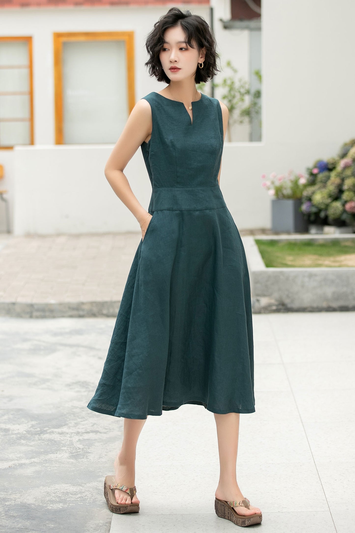 Feminine Teal Linen Midi Dress – A-Line Pockets & V-Notch Neckline – 6054 - S #CK2500492