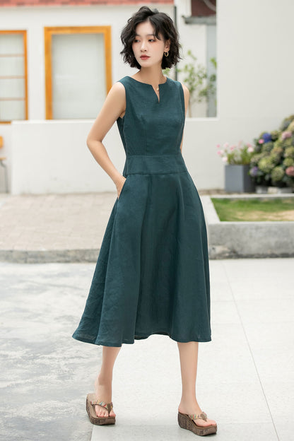 Teal Linen Midi Dress - A-Line Silhouette with V-Notch Neckline 6054