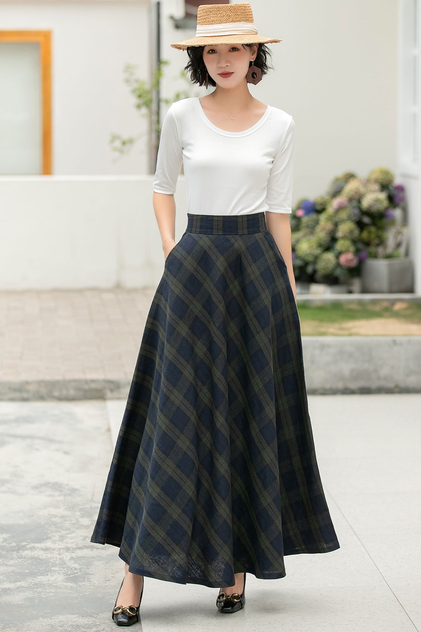 Vintage Plaid Linen Maxi Skirt – Handmade Breathable High Waist Long Skirt 6053