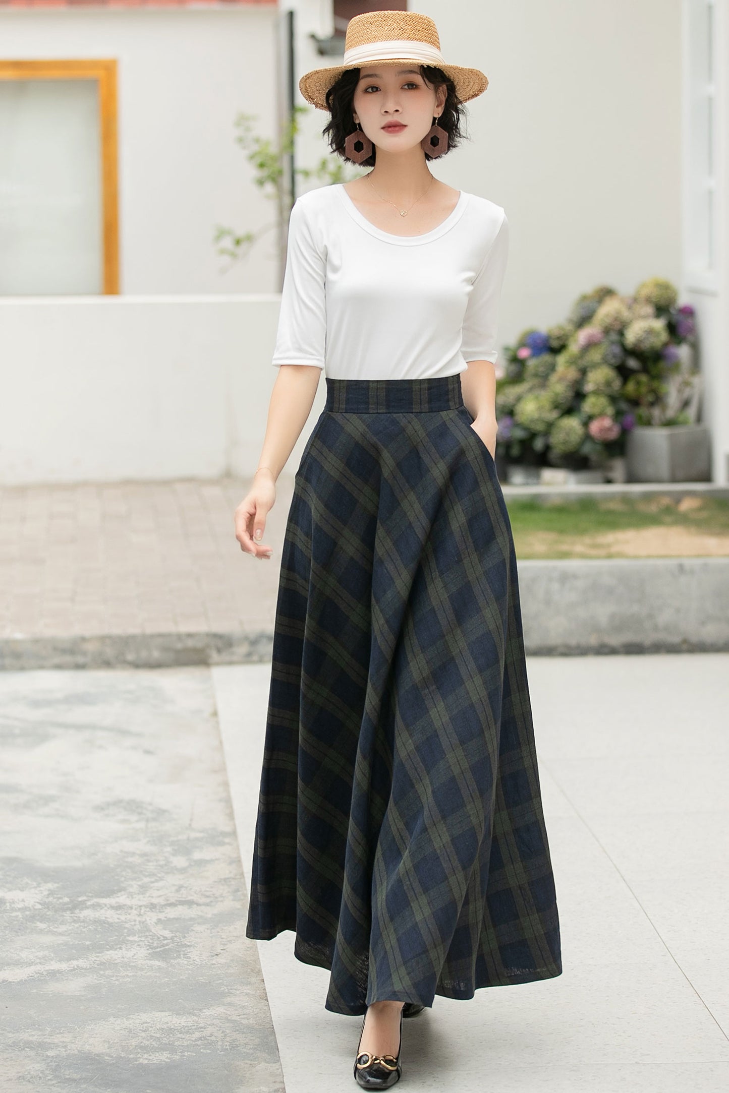 Vintage Plaid Linen Maxi Skirt – Handmade Breathable High Waist Long Skirt 6053