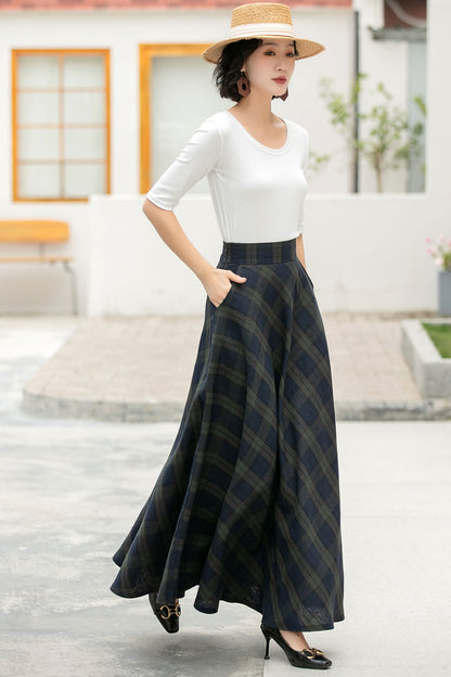 Vintage Plaid Linen Maxi Skirt – Handmade Breathable High Waist Long Skirt 6053