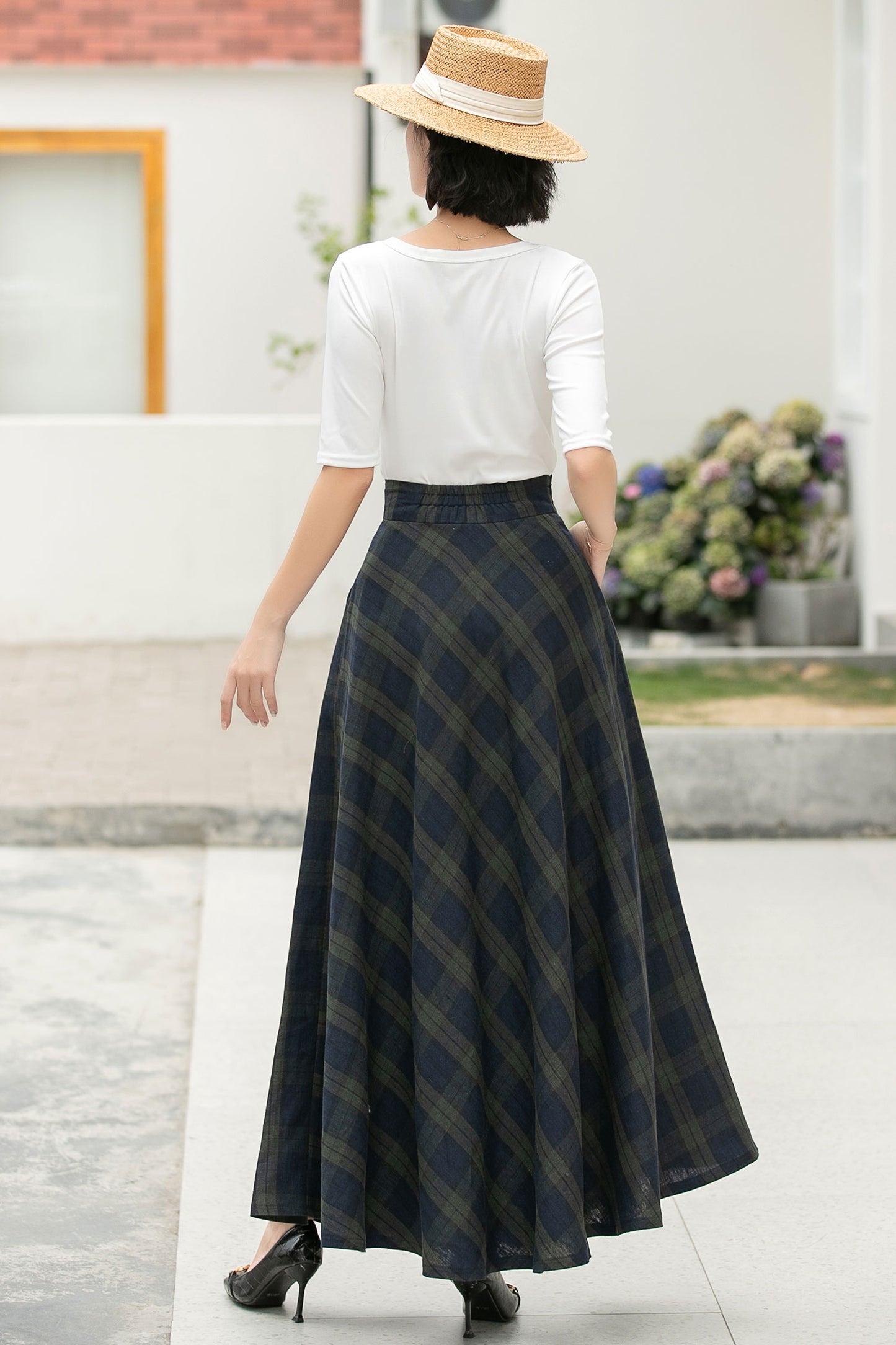 Vintage Plaid Linen Maxi Skirt – Handmade Breathable High Waist Long Skirt 6053