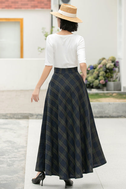 Vintage Plaid Linen Maxi Skirt – Handmade Breathable High Waist Long Skirt 6053