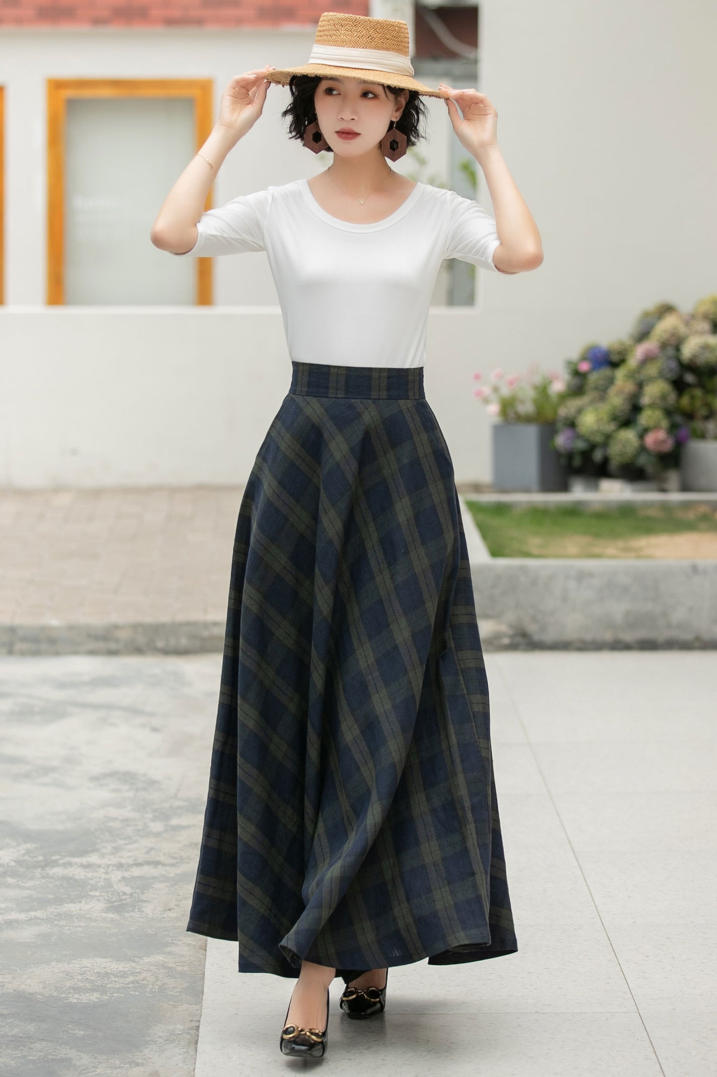 Vintage Plaid Linen Maxi Skirt – Handmade Breathable High Waist Long Skirt 6053