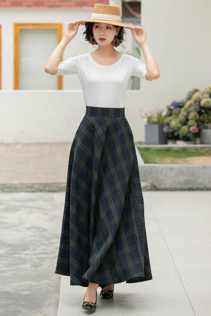 Vintage Plaid Linen Maxi Skirt – Handmade Breathable High Waist Long Skirt 6053
