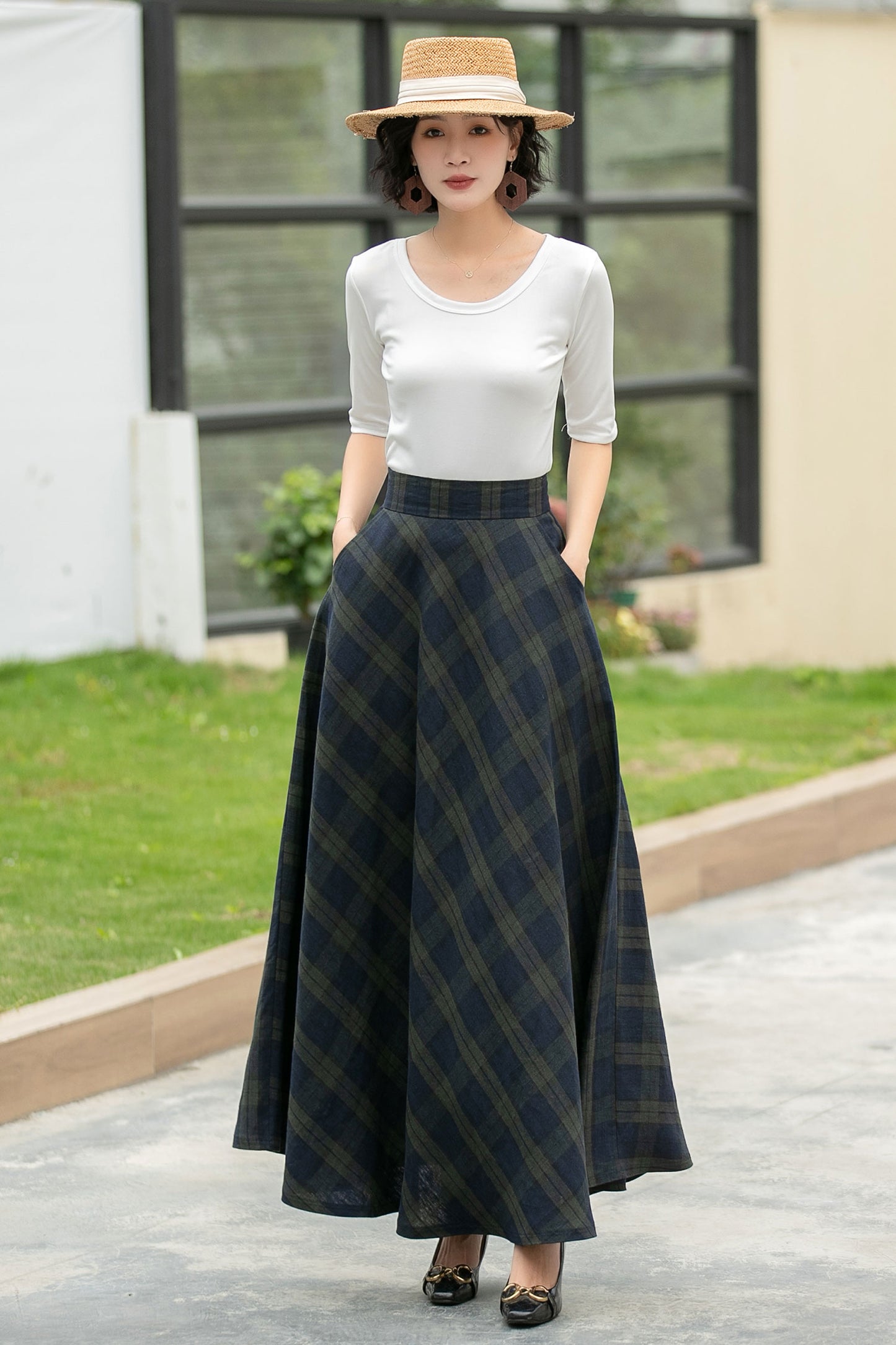 Vintage Plaid Linen Maxi Skirt – Handmade Breathable High Waist Long Skirt 6053