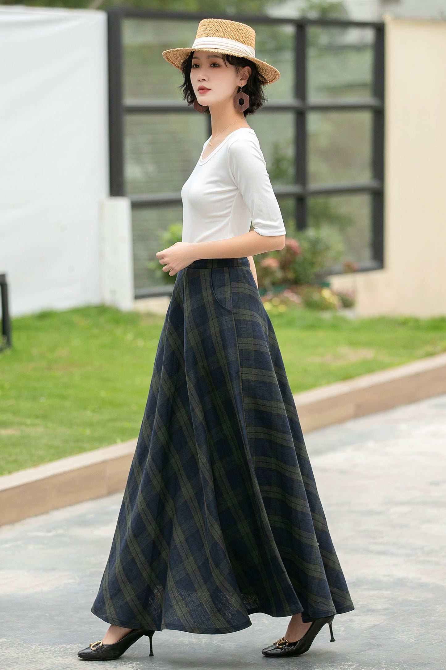 Vintage Plaid Linen Maxi Skirt – Handmade Breathable High Waist Long Skirt 6053