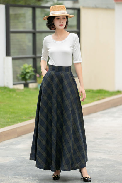 Vintage Plaid Linen Maxi Skirt – Handmade Breathable High Waist Long Skirt 6053