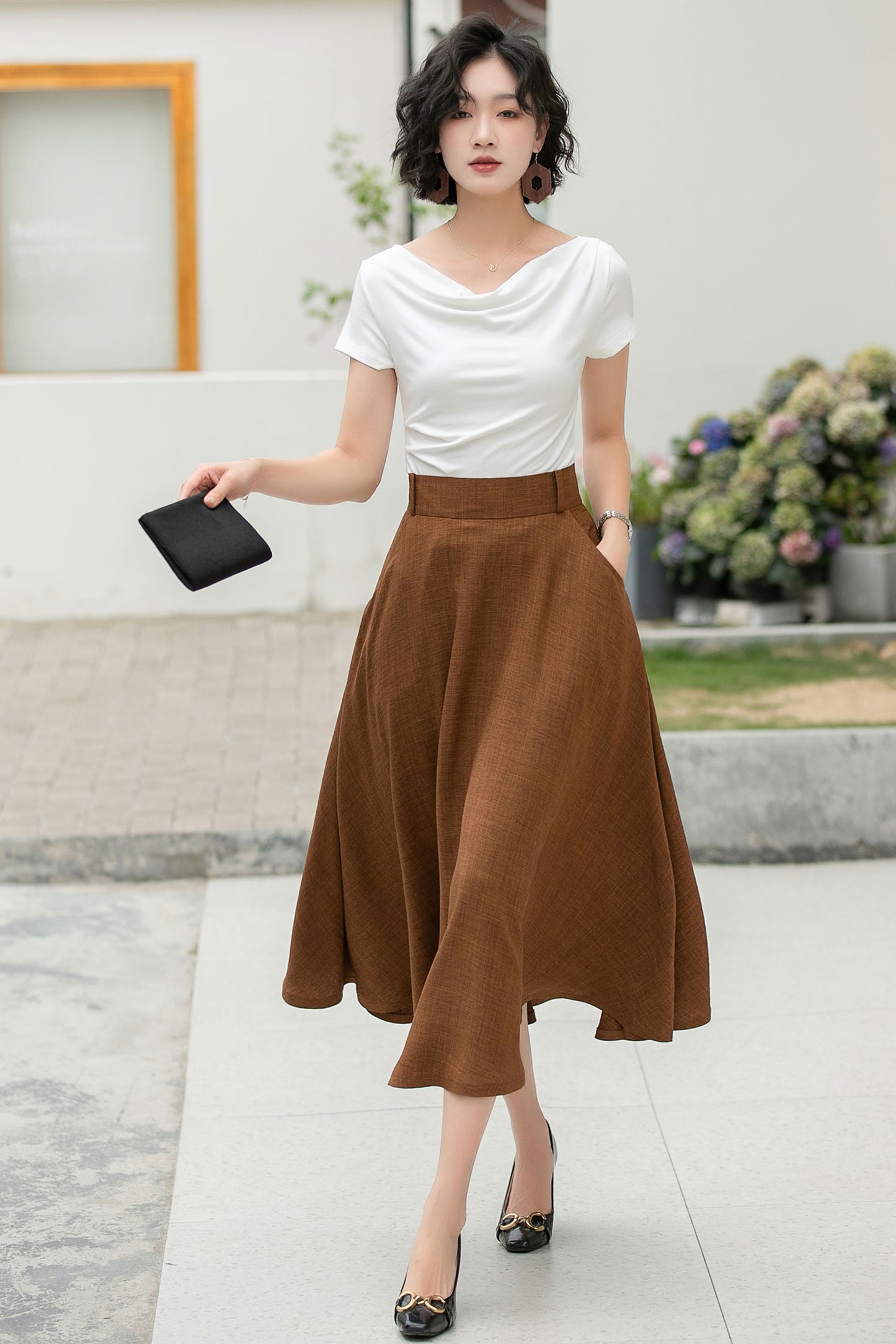 Brown A Line Midi Skirt for women 6047
