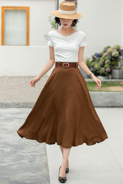 Brown Cotton Blend A-Line Midi Skirt - Flowy with Pockets 6047
