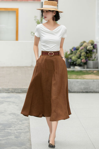 Brown Cotton Blend A-Line Midi Skirt - Flowy with Pockets 6047