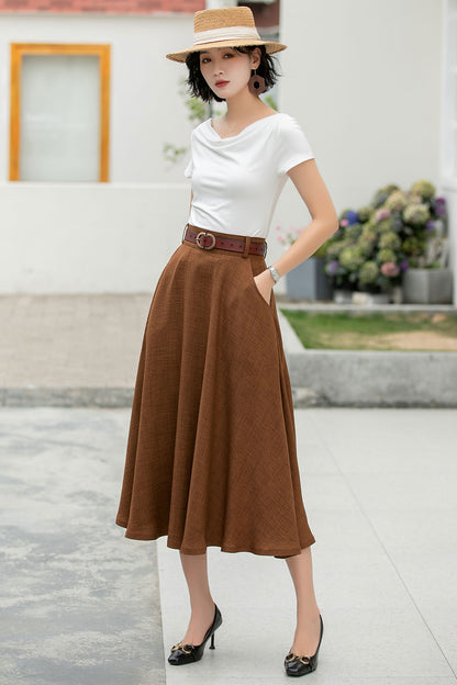 Brown Cotton Blend A-Line Midi Skirt - Flowy with Pockets 6047