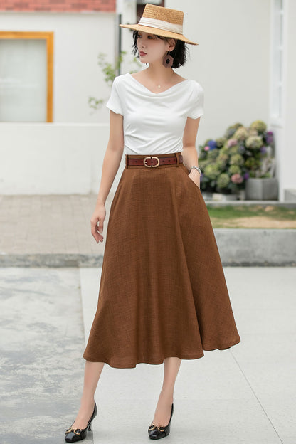 Brown Cotton Blend A-Line Midi Skirt - Flowy with Pockets 6047