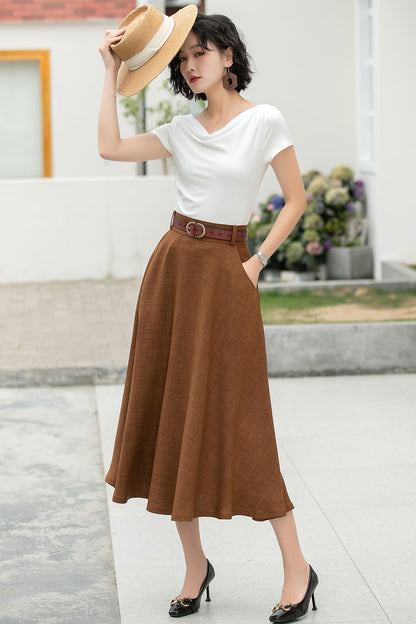 Brown Cotton Blend A-Line Midi Skirt - Flowy with Pockets 6047