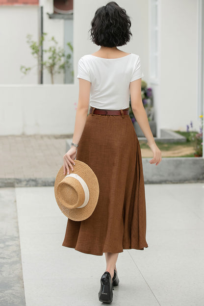 Brown Cotton Blend A-Line Midi Skirt - Flowy with Pockets 6047