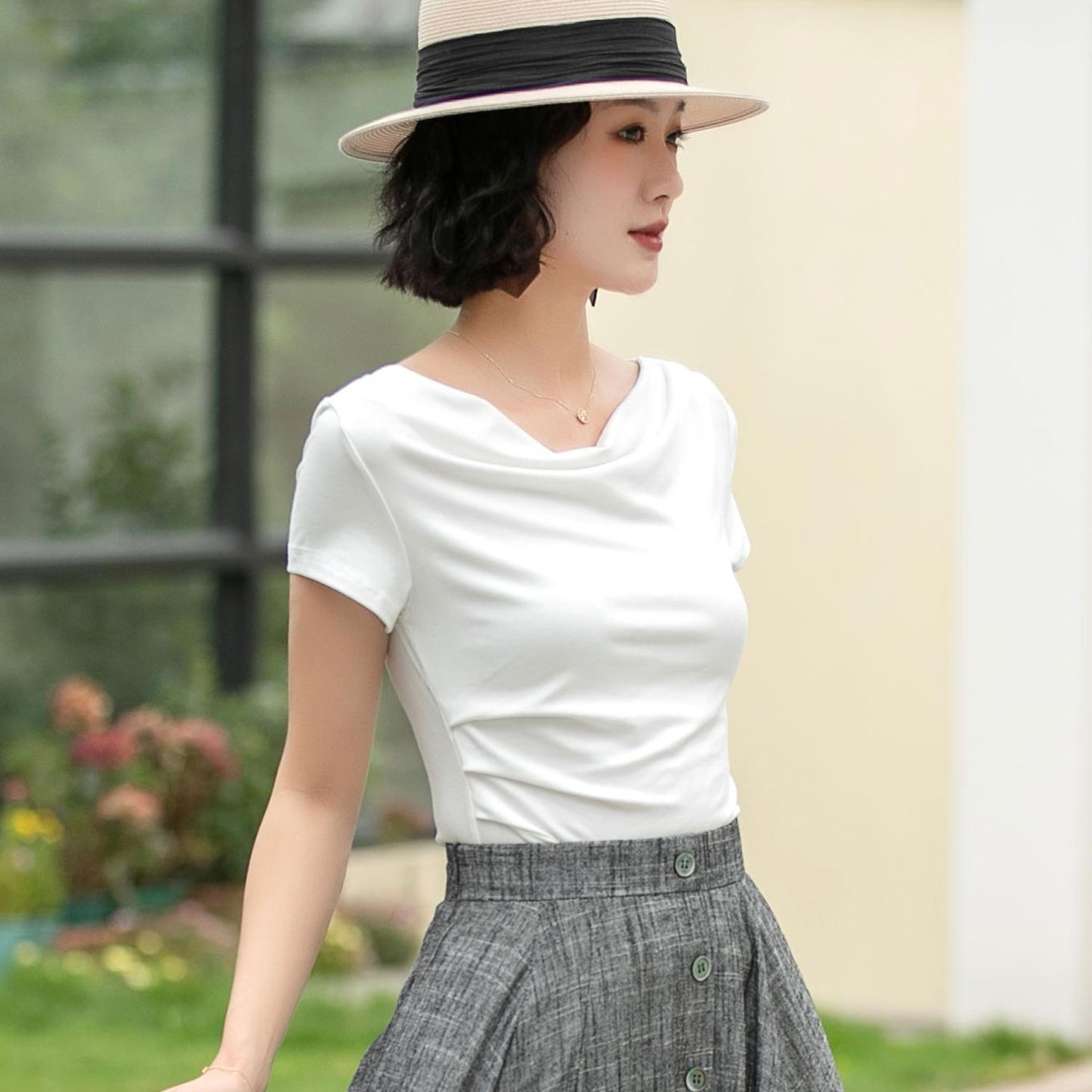 White Cotton Knit Top - Draped Neckline, Slim Fit 6057