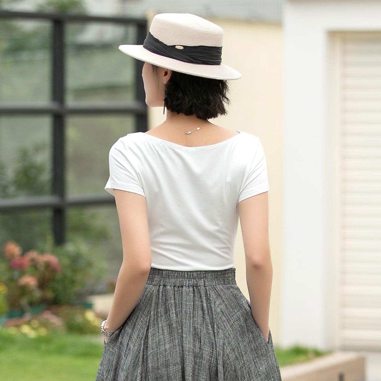 White Cotton Knit Top - Draped Neckline, Slim Fit 6057