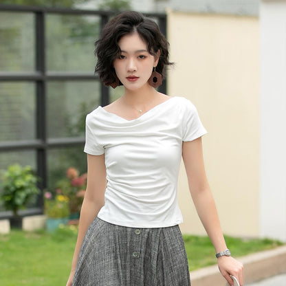 White Cotton Knit Top - Draped Neckline, Slim Fit 6057