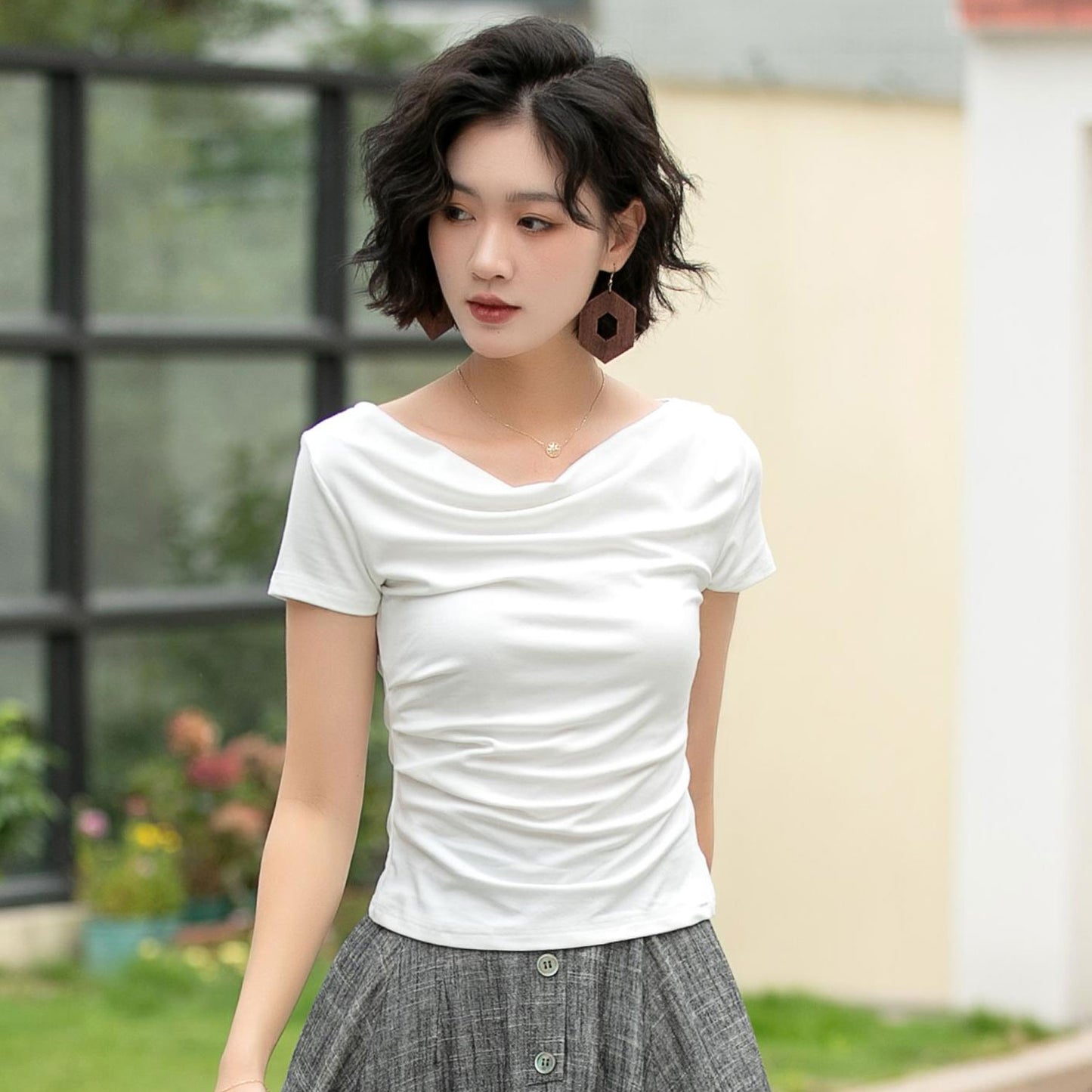 White Cotton Knit Top - Draped Neckline, Slim Fit 6057