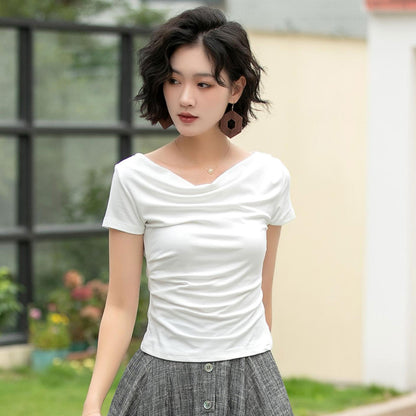 White Cotton Knit Top - Draped Neckline, Slim Fit 6057