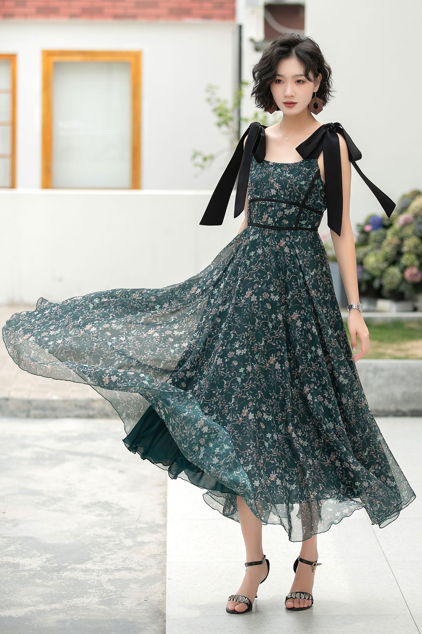 Deep Green Chiffon Maxi Dress - Bow-Tie Straps A-Line Floral 6052