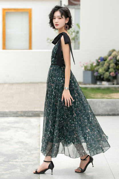 Deep Green Chiffon Maxi Dress - Bow-Tie Straps A-Line Floral 6052
