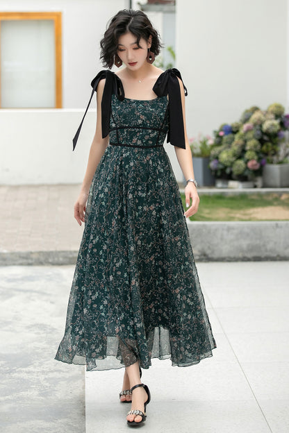 Deep Green Chiffon Maxi Dress - Bow-Tie Straps A-Line Floral 6052