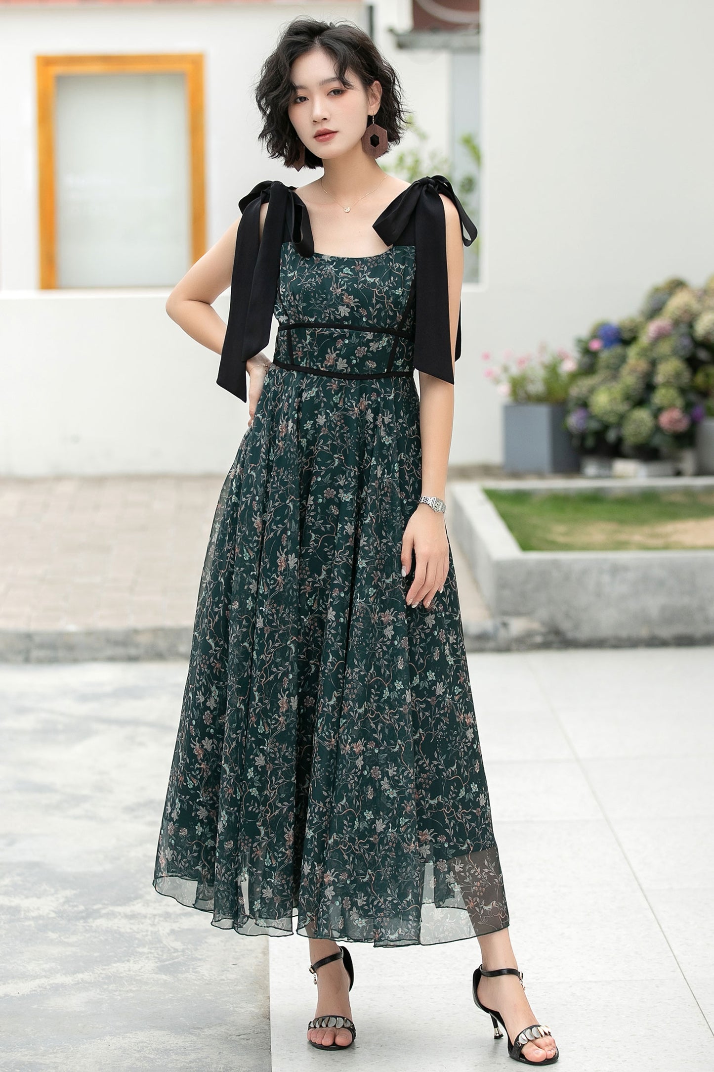 Deep Green Chiffon Maxi Dress - Bow-Tie Straps A-Line Floral 6052