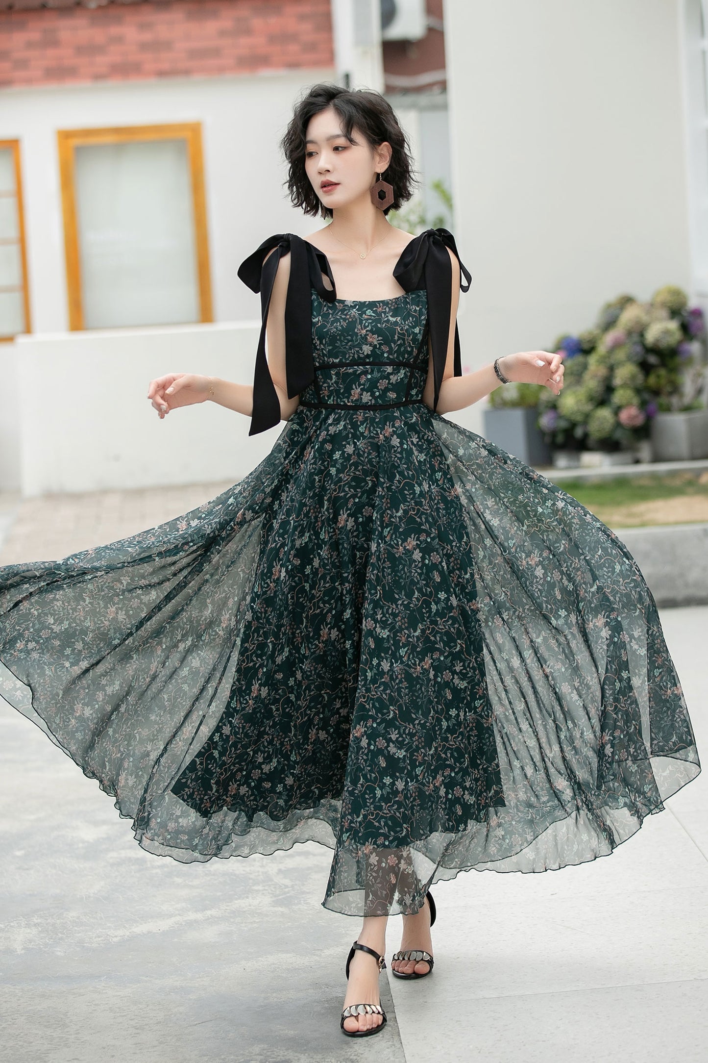 Deep Green Chiffon Maxi Dress - Bow-Tie Straps A-Line Floral 6052