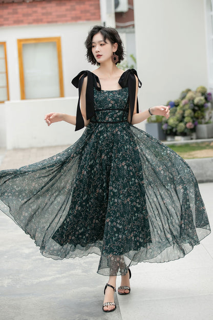 Deep Green Chiffon Maxi Dress - Bow-Tie Straps A-Line Floral 6052