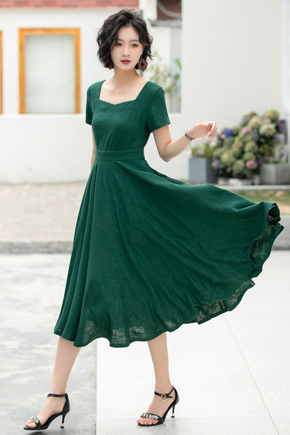 Emerald Green Linen Cotton Midi Dress - A-Line Silhouette 6051