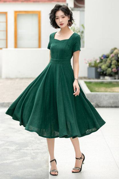 Emerald Green Linen Cotton Midi Dress - A-Line Silhouette 6051