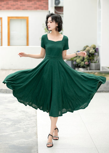 Emerald Green Linen Cotton Midi Dress - A-Line Silhouette 6051