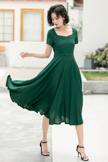 Emerald Green Linen Cotton Midi Dress - A-Line Silhouette 6051