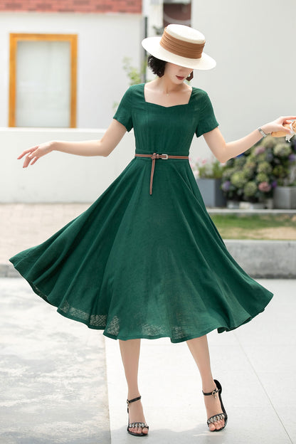 Family Gathering Linen Green Midi Women Dress 6051