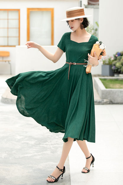 Emerald Green Linen Cotton Midi Dress - A-Line Silhouette 6051