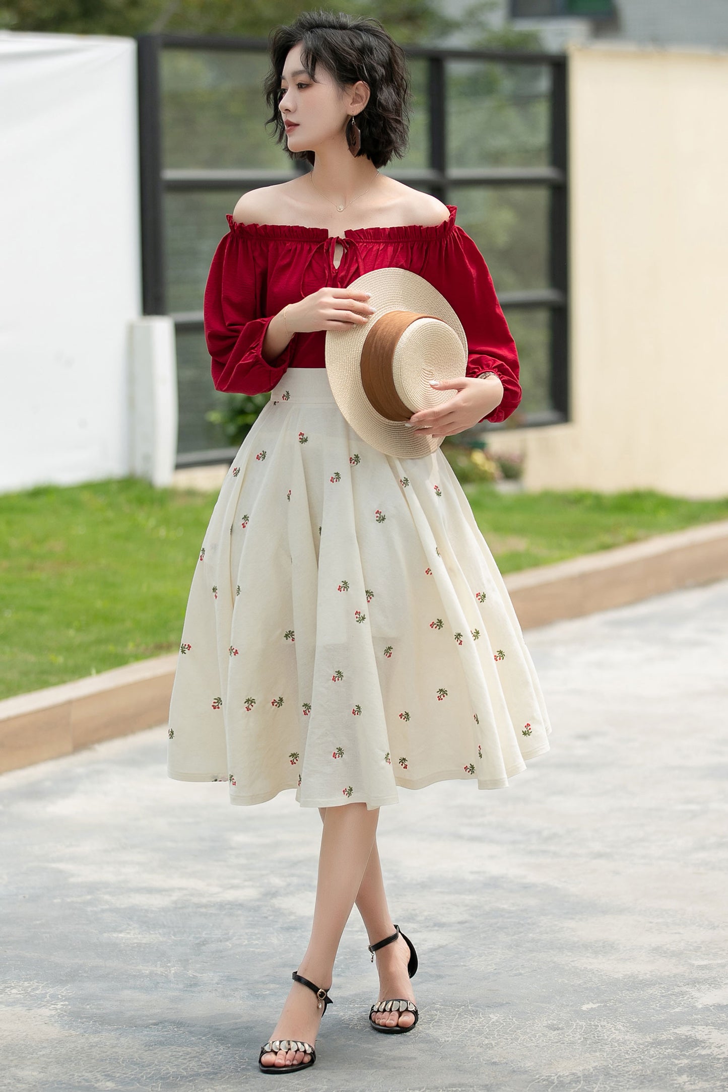 Floral Linen Cotton Midi Skirt - High Waist Circle Swing | Xiaolizi 6050