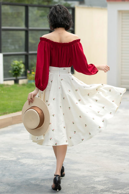 Floral Linen Cotton Midi Skirt - High Waist Circle Swing | Xiaolizi 6050