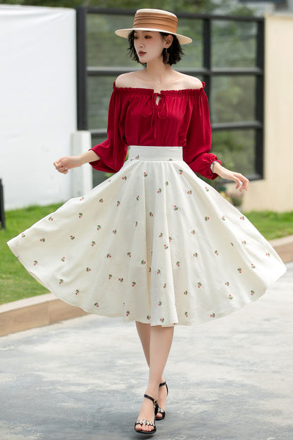Floral Linen Cotton Midi Skirt - High Waist Circle Swing | Xiaolizi 6050