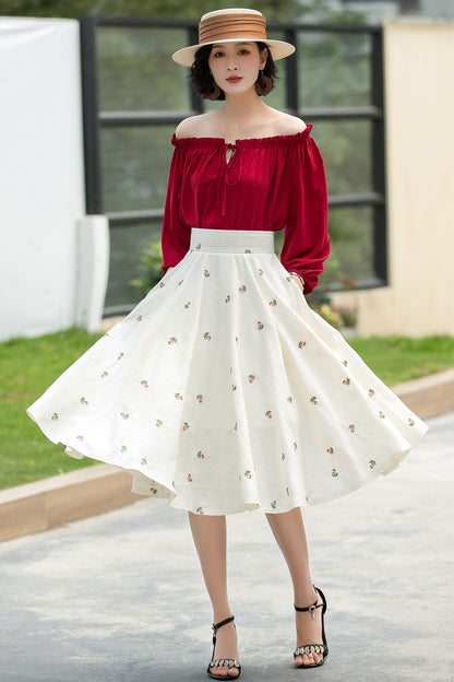 Floral Linen Cotton Midi Skirt - High Waist Circle Swing | Xiaolizi 6050