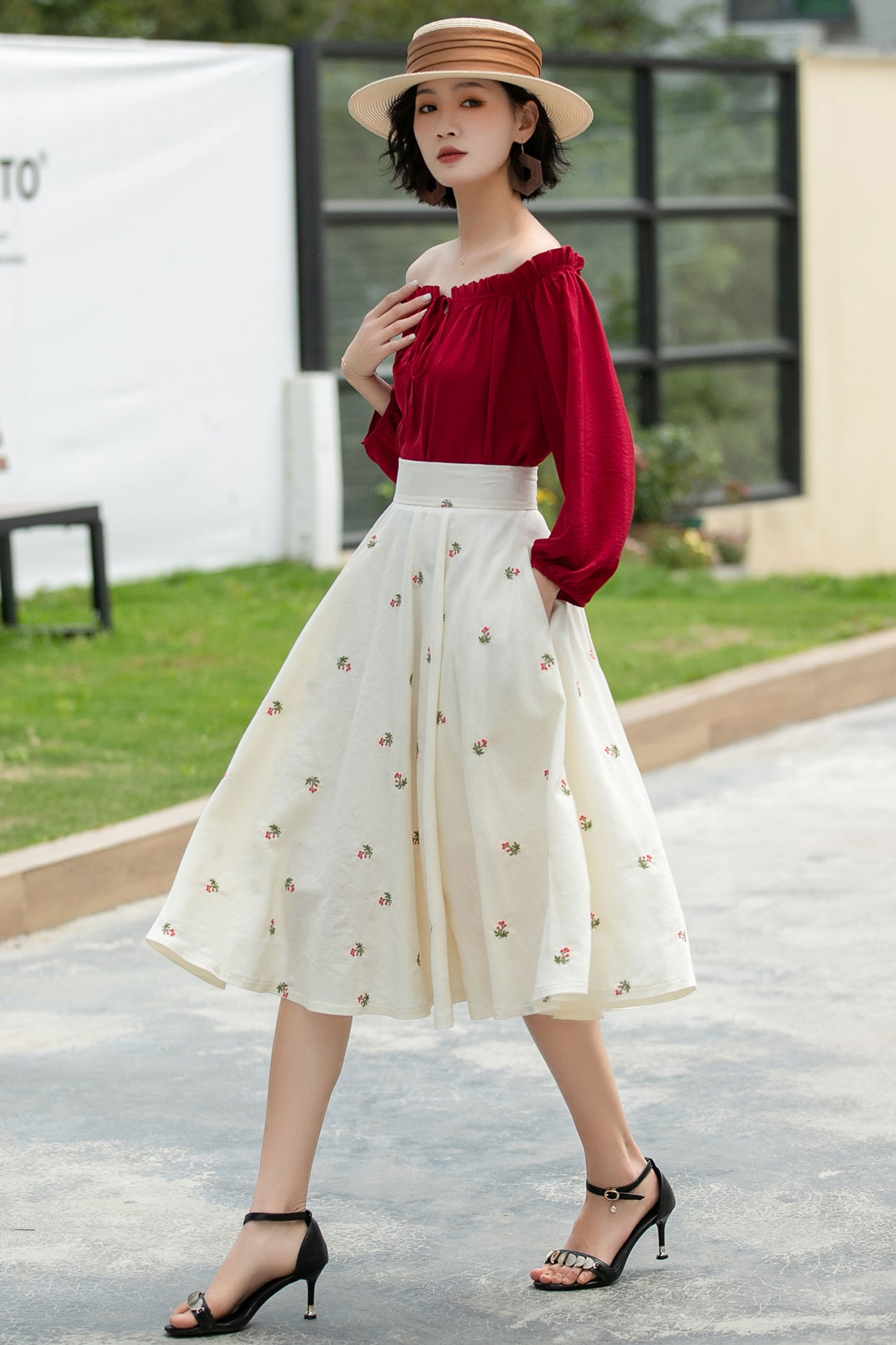 Floral Linen Cotton Midi Skirt - High Waist Circle Swing | Xiaolizi 6050